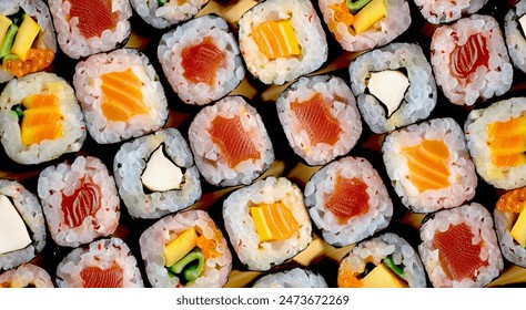 Sushi with fish - Nigiri and Futomaki. Tasty food with umami flavor. A great snack loved by all. Close-up of the detail. - Powered by Shutterstock