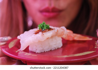 Sushi Food Is Japanese Tradition Good Food For Healthy You Special Bluefin Tuna Cheek, Young Yellow Tail, Red Shrimp With Shrimp Sauce