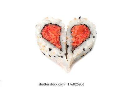 Sushi forming heart shape on white background