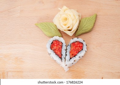 Sushi forming hearts and flower shapes