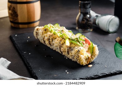 Sushi Hot Dog Made From Rice Bread With Salmon,  Lettuce And Wasabi Sauce. Sushi-food Hybrids Trend. Asian Style Gluten Free.  