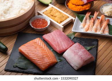 Sushi Ingredients, Tuna, Salmon, Yellow Tail, Sea Urchin, Salmon Roe, Shrimp, Rice 