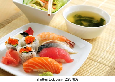 Sushi Lunch With Miso Soup And Green Salad