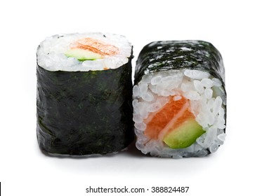  Sushi Maki Rolls With Salmon And Nori Close Up Isolated On White 