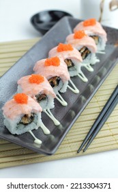 Sushi On A Long Plate With Various Kinds Of Toppings