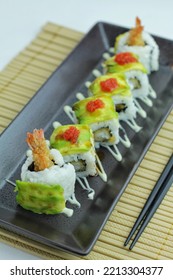 Sushi On A Long Plate With Various Kinds Of Toppings