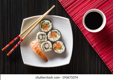 Sushi On White Plate Top View