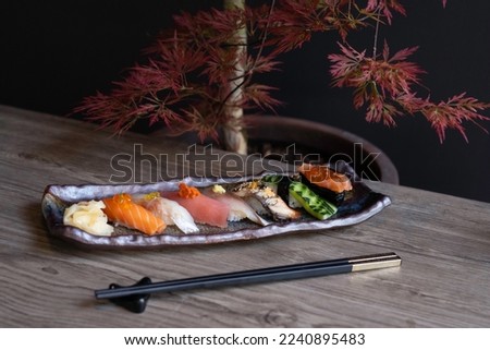 Sushi plat on a table of wood with a plant