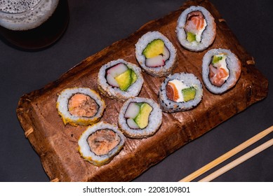 Sushi Platter, Chopsticks And Glass Of Beer, Food Pairing