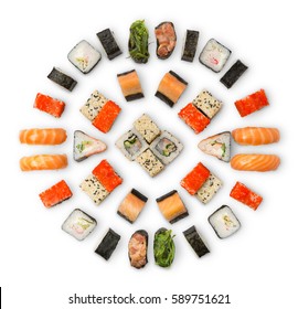 Sushi platter isolated on white background. Japanese food restaurant delivery - maki california rolls big party set, top view