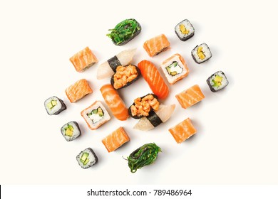 Sushi Platter Isolated On White Background. Japanese Food Restaurant Delivery - Maki California Rolls Big Party Set, Top View