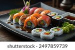 Sushi Platter: Vibrant and Fresh. Restaurant sushi platter. Cinematic 4K Sushi Platter. 4K sushi platter images. High-quality Japanese cuisine