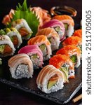 Sushi Platter: Vibrant and Fresh. Restaurant sushi platter. Cinematic 4K Sushi Platter. 4K sushi platter images. High-quality Japanese cuisine