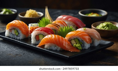 Sushi Platter: Vibrant and Fresh. Restaurant sushi platter. Cinematic 4K Sushi Platter. 4K sushi platter images. High-quality Japanese cuisine