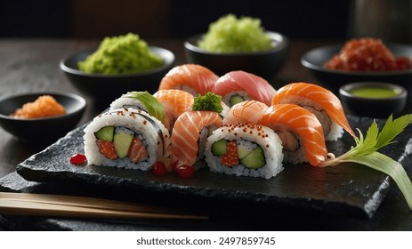 Sushi Platter: Vibrant and Fresh. Restaurant sushi platter. Cinematic 4K Sushi Platter. 4K sushi platter images. High-quality Japanese cuisine - Powered by Shutterstock