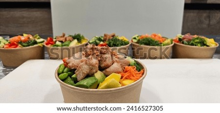 Sushi ,Poke Chicken Bowl, carrots and fried onionswith rice,  edamame, avocado, 