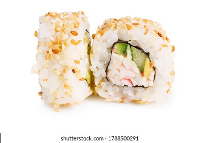 Sushi Roll (California) With Crab Meat, Avocado, Cucumber Isolated On White Background. Japanese Food