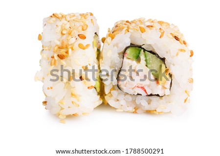 Sushi roll (California) with crab meat, avocado, cucumber isolated on white background. Japanese food Stockfoto © 