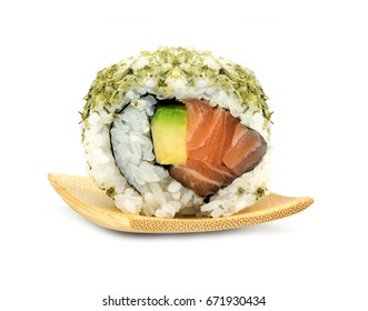 Sushi Roll On Bamboo Plate Isolated On White Background