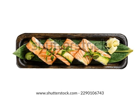Sushi roll Philadelphia with salmon, avocado, cream cheese. Sushi menu. Japanese food. Isolated on white background