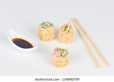 Sushi roll sushi with prawn, avocado, cream cheese, sesame with soy juice. Sushi menu. Japanese food. 