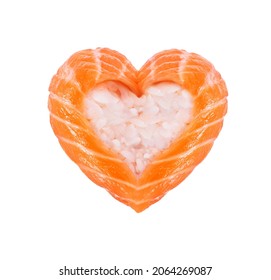 Sushi roll with salmon in the shape of a heart close-up