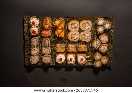 sushi roll sashimi fried sushi , California roll rice noodles crab shrimp nigiri raw sushi fish salmon omega raw fish healthy food wasabi soy sauce