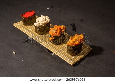 sushi roll sashimi fried sushi , California roll rice noodles crab shrimp nigiri raw sushi fish salmon omega raw fish healthy food wasabi soy sauce