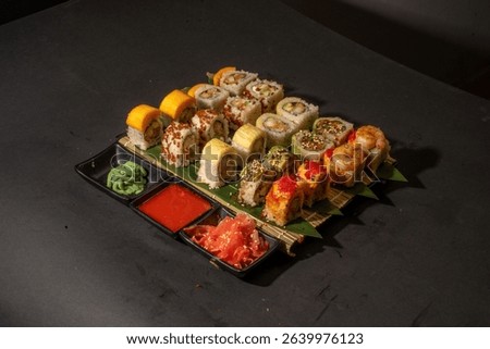 sushi roll sashimi fried sushi , California roll rice noodles crab shrimp nigiri raw sushi fish salmon omega raw fish healthy food wasabi soy sauce