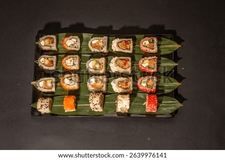 sushi roll sashimi fried sushi , California roll rice noodles crab shrimp nigiri raw sushi fish salmon omega raw fish healthy food wasabi soy sauce
