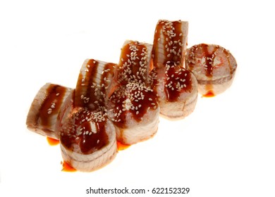 A Sushi Roll Set With Anguillidae  On White Background