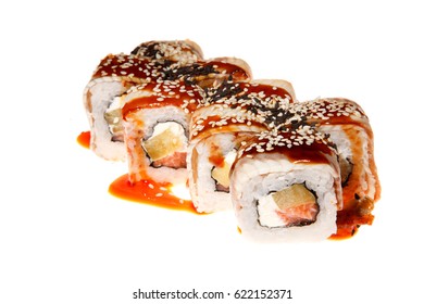 A Sushi Roll Set With Anguillidae  On White Background