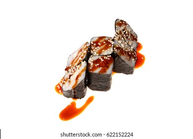 A Sushi Roll Set With Nori And Anguillidae On White Background