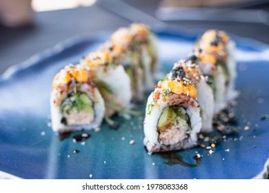 Sushi Roll Set With Spicy Mayo Sauce On Top. Traditional Japanese Food Concept