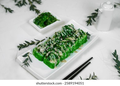 sushi rolls green caviar dill soy sauce wasabi ginger