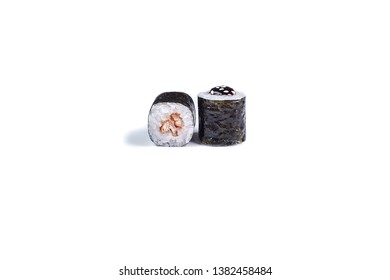 Sushi rolls japanese food isolated on white background. Roll "Eel"
Ingredients: Nori, eel, rice, unagi sauce, white sesame. Menu Japanese restaurant. - image