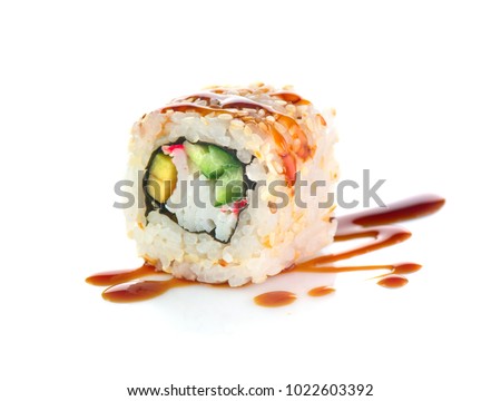 Sushi rolls japanese food isolated on white background. California Sushi roll with tuna, vegetables and unagi sauce closeup. Japan restaurant menu.