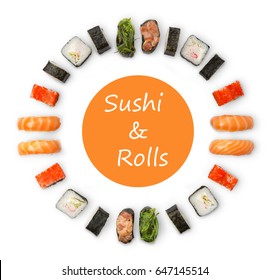 Sushi And Rolls. Japanese Food Restaurant Delivery Mockup For Logo. Meals Circle Platter Set Isolated On White Background, Top View