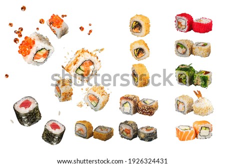 Sushi Rolls, Japanese foods, maki, makizushi on white background. Perfect for using in food commercial, menu, poster design.