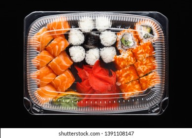 Sushi Rolls Mix In A Plastic Box Container