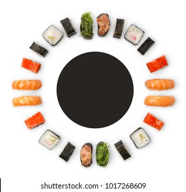 Sushi And Rolls Restaurant Delivery Mockup For Logo. Japanese Food Circle Platter Set Isolated On White Background, Top View