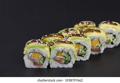 Sushi rolls Roll on black background. Sushi menu. Japanese food.