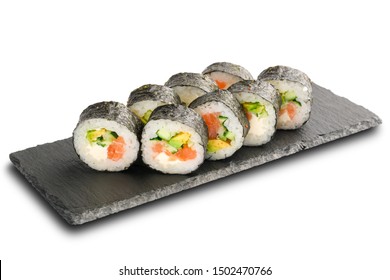 Sushi Rolls with salmon, avocado, cucumber and Cream Cheese inside wrapped in nori leaf isilated - Powered by Shutterstock