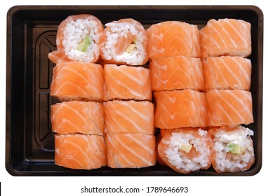 Sushi Salmon Raw Fish With Rice Meal On Plastic Tray