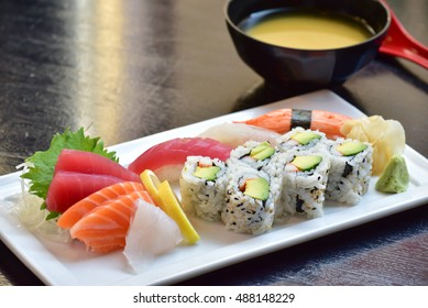 Sushi And Sashimi Set. Contain Of Tuna, Salmon, Yellowtail, White Fish, California Roll