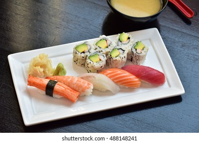 Sushi And Sashimi Set. Contain Of Tuna, Salmon, Yellowtail, White Fish, California Roll