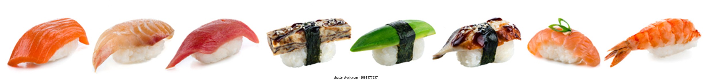 sushi set - japan cousine. Sushi nigiri collection isolated on white background. Delicious seafood, sushi restaurant concept