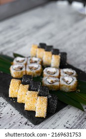 Sushi Set Nigiri And Sushi Rolls On Black Stone Plate Board. Place For Tex. Instagram Stories