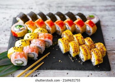 Sushi Set Nigiri And Sushi Rolls On Black Stone Plate Board. Place For Tex. Instagram Stories