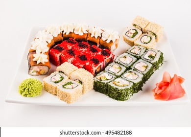 Sushi Set On Square Plate On A White Background